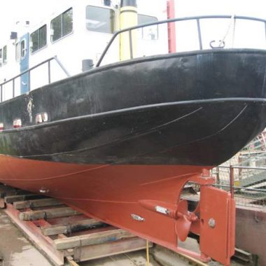 A Steel boat after repairs on a slip way